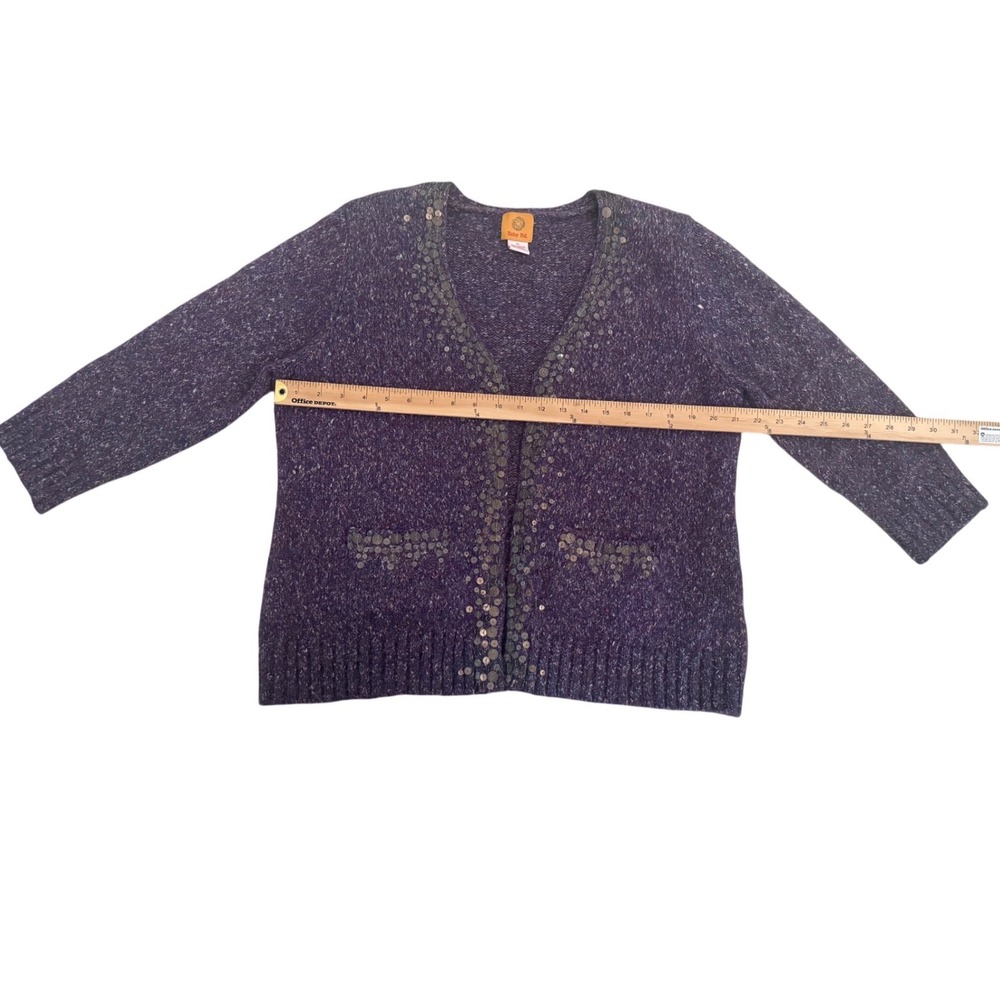 Ruby Rd Purple Speckled Knit Cardigan Sweater with Sequins trim Front Size XL